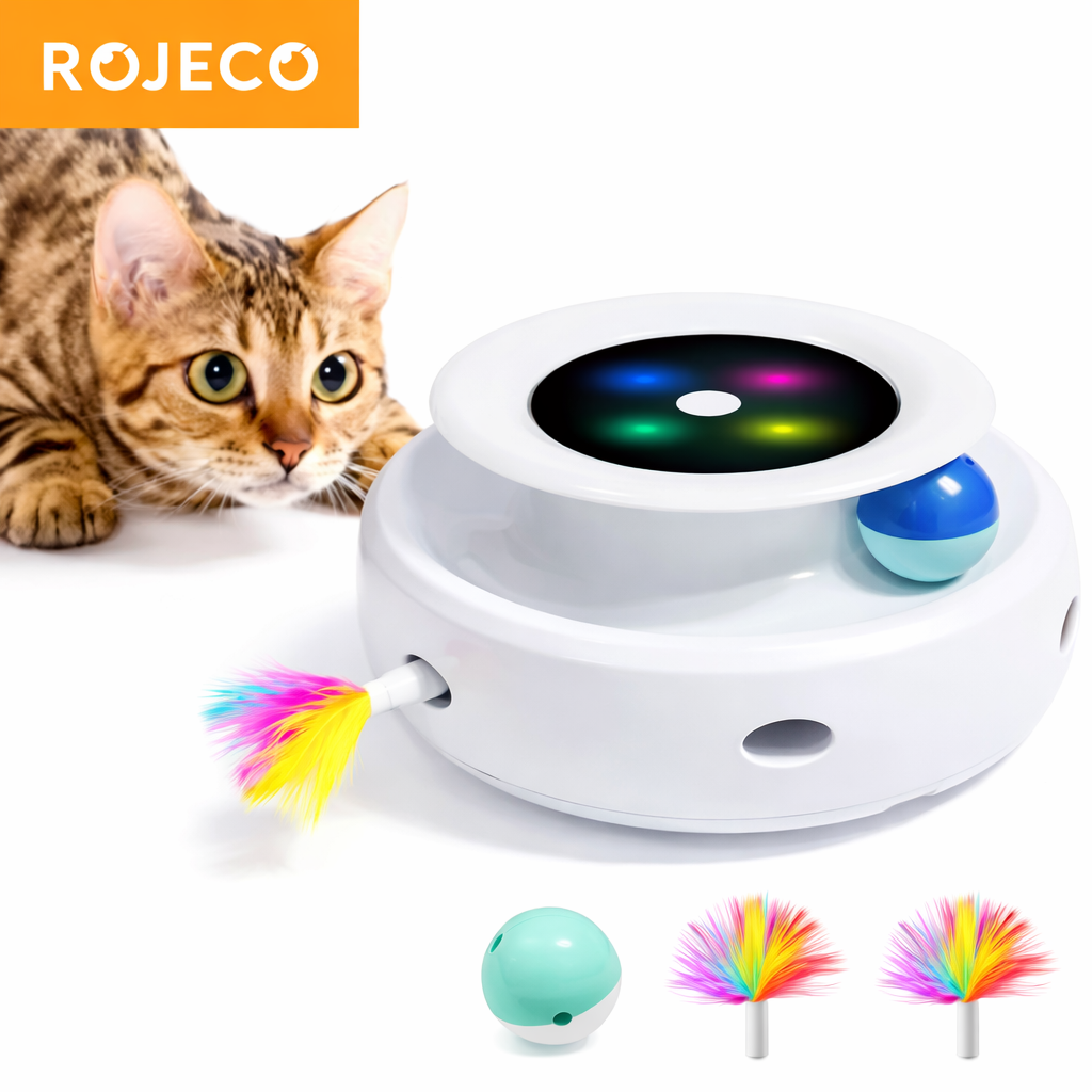ROJECO 2 in 1 Smart Cat Toys Automatic Feather Fun Ball Toy Set For Cat Dog 5 Modes Electronic Interactive Pet Toy Accessories